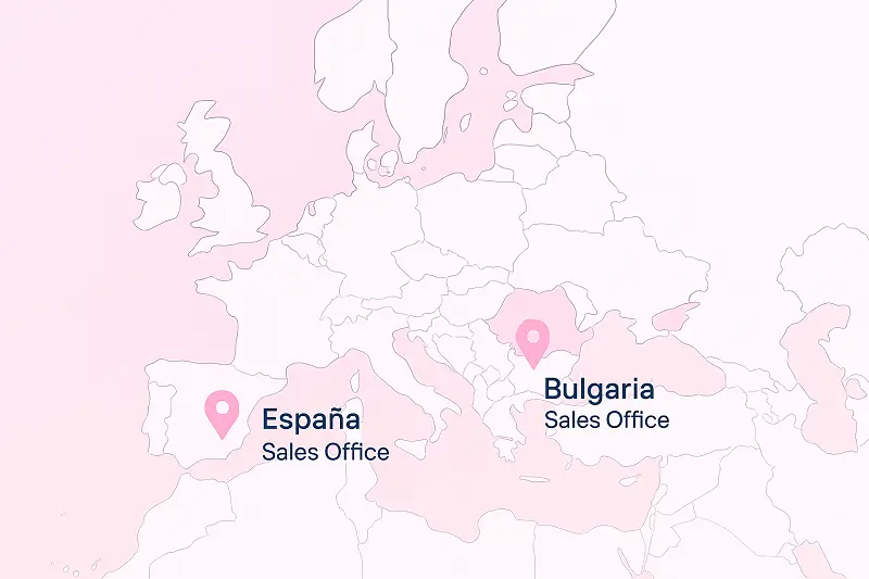 Mapa da Europa com dois pinos, um em Espanha e outro na Bulgária, com os escritórios de vendas da TopDermal